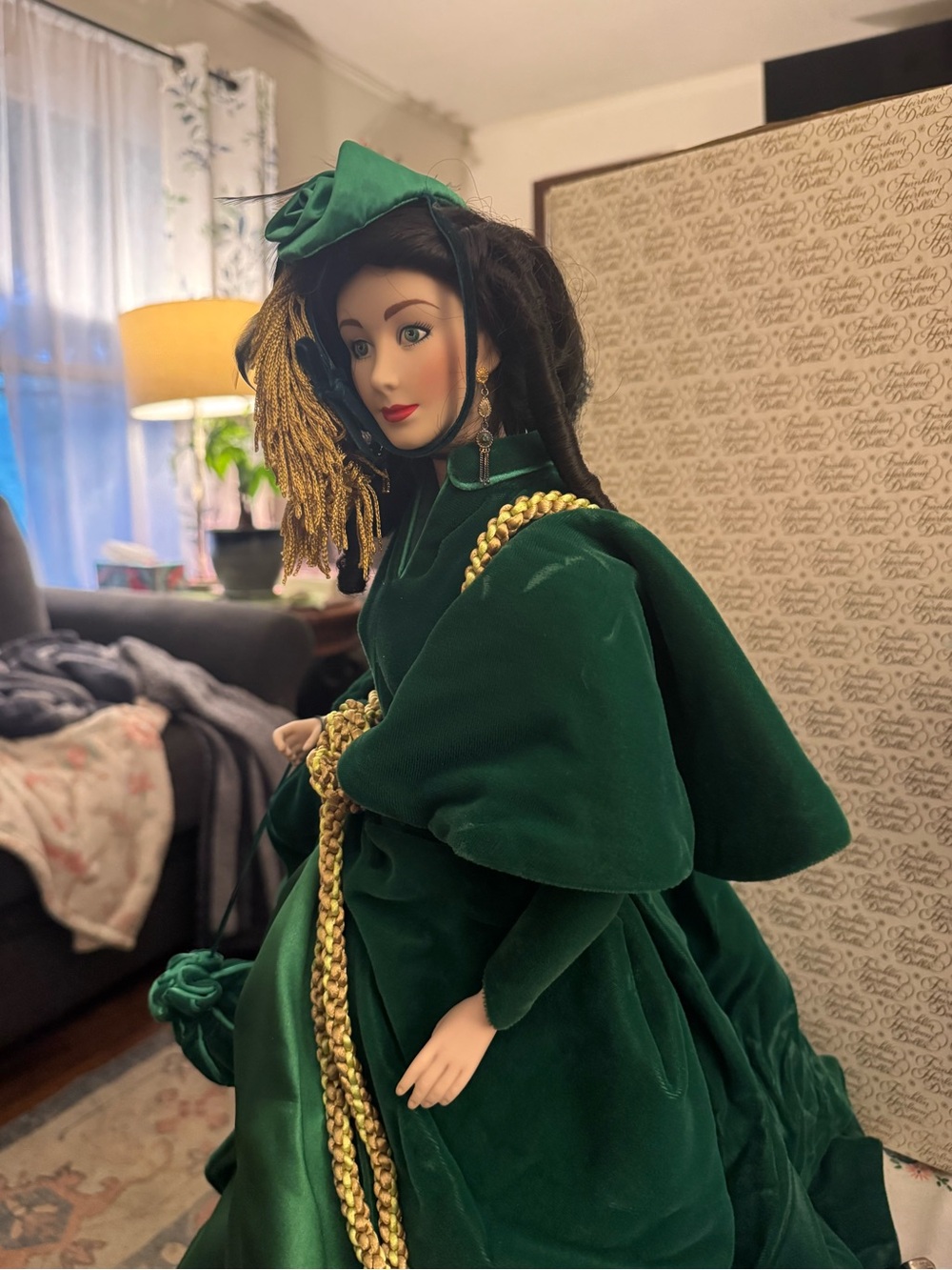 Franklin Mint Green Velvet Lady Portrait Doll with Gold Trim